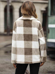 Plaid Collared Neck Button Down Jacket - Trendsi