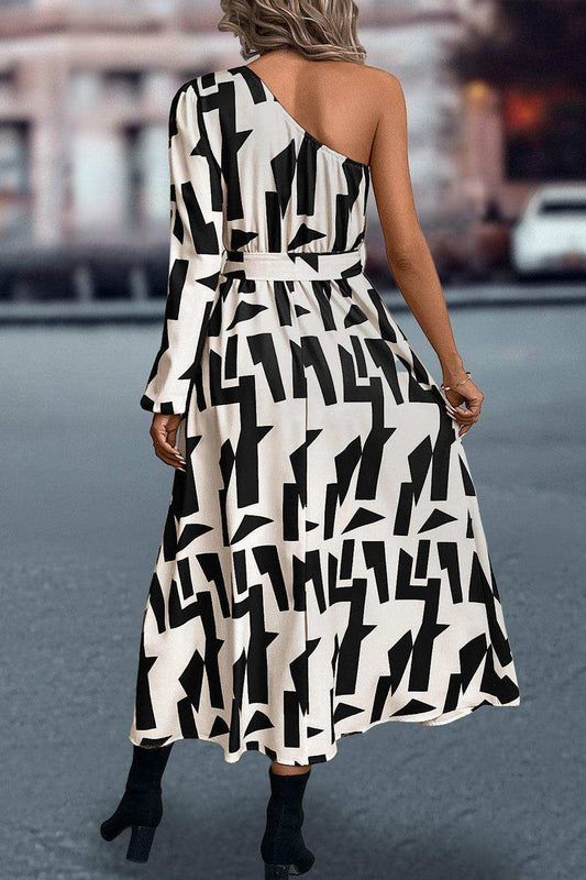 Printed One-Shoulder Tie Waist Dress - Trendsi - Flyclothing LLC