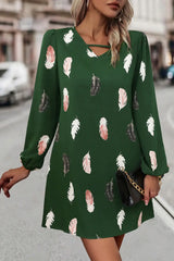 Feather Print V-Neck Dress - Trendsi - Flyclothing LLC