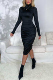 Ruched Mock Neck Long Sleeve Dress - Trendsi - Flyclothing LLC