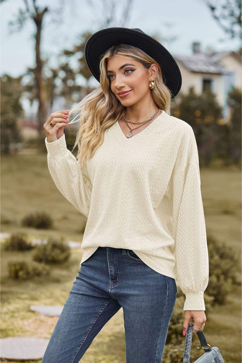 V-Neck Dropped Shoulder Blouse - Trendsi - Flyclothing LLC