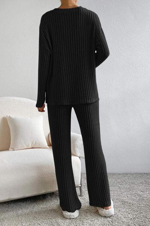 Ribbed V-Neck Top and Pants Set - Trendsi - Flyclothing LLC