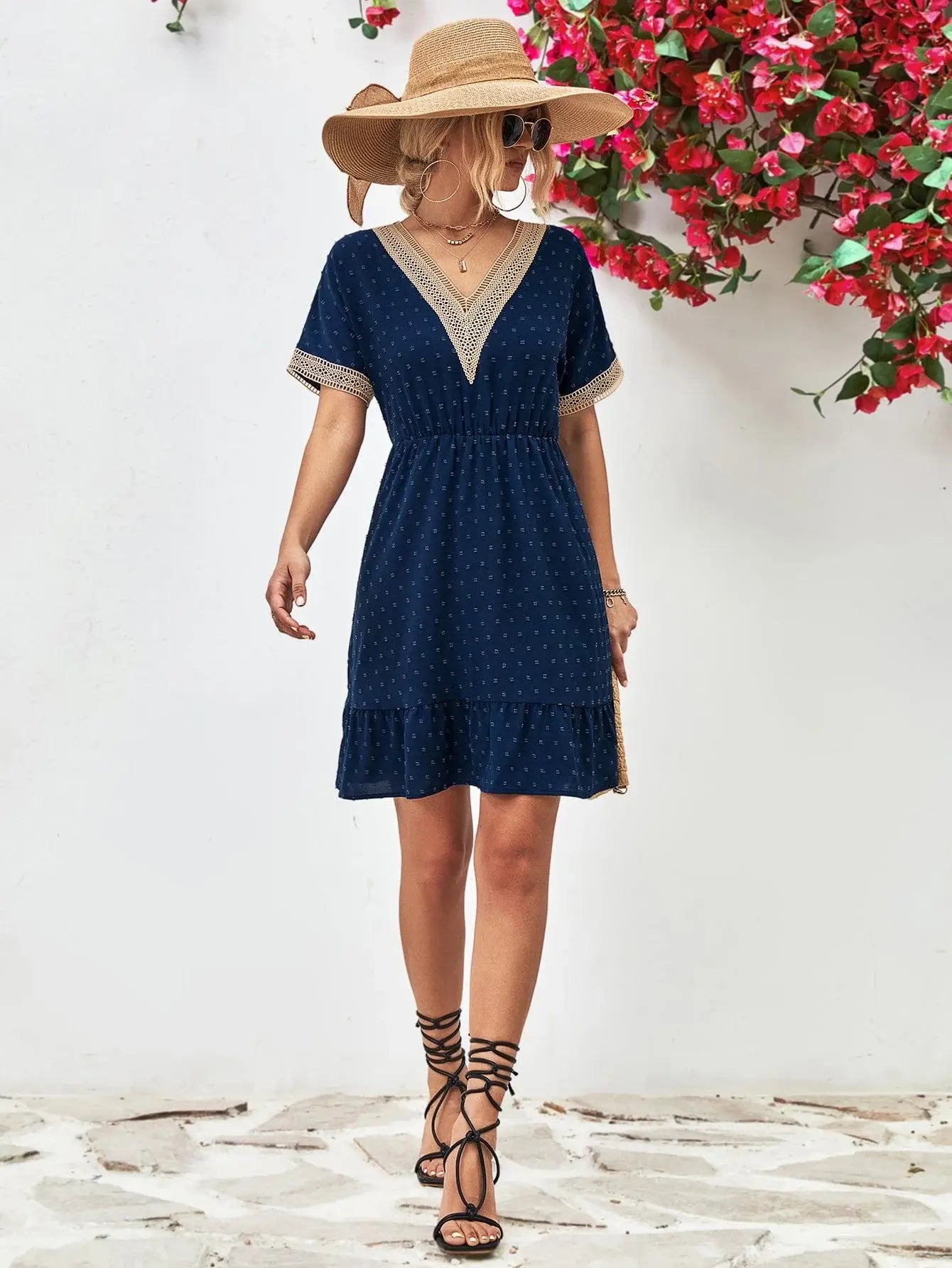 Contrast V-Neck Short Sleeve Mini Dress - Trendsi - Flyclothing LLC
