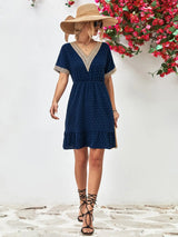Contrast V-Neck Short Sleeve Mini Dress - Trendsi - Flyclothing LLC