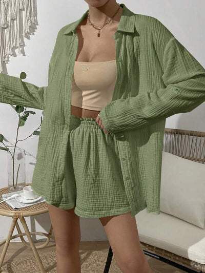 Dropped Shoulder Button Up Top and Elastic Waist Shorts Set - Trendsi - Flyclothing LLC