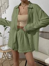 Dropped Shoulder Button Up Top and Elastic Waist Shorts Set - Trendsi - Flyclothing LLC