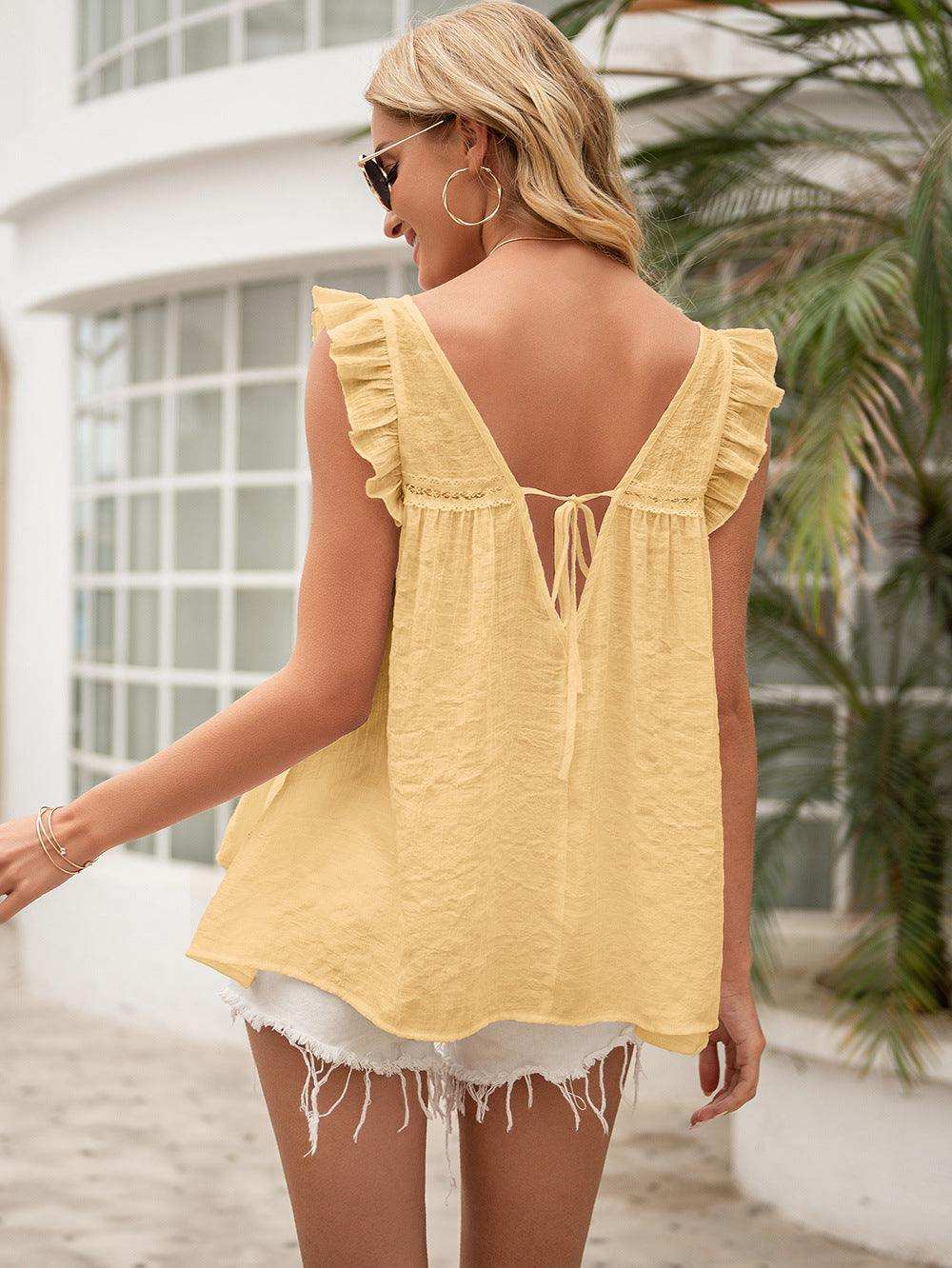 Tie Back V-Neck Ruffled Blouse - Trendsi - Flyclothing LLC