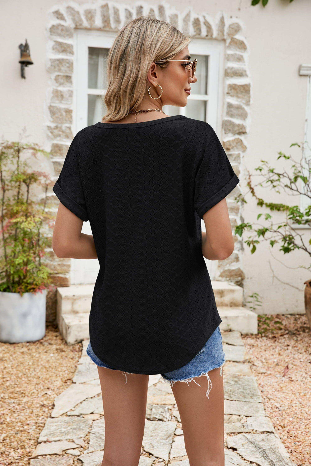 Full Size Round Neck Eyelet Short Sleeve Top - Trendsi - Flyclothing LLC