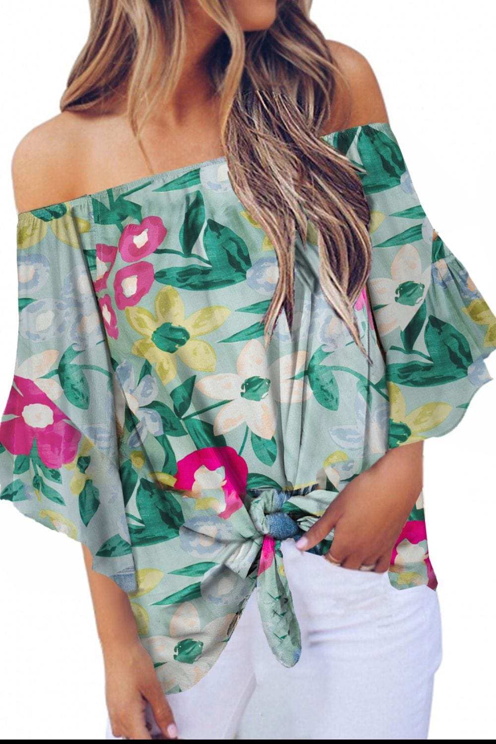 Tied Printed Off-Shoulder Half Sleeve Blouse - Trendsi - Flyclothing LLC