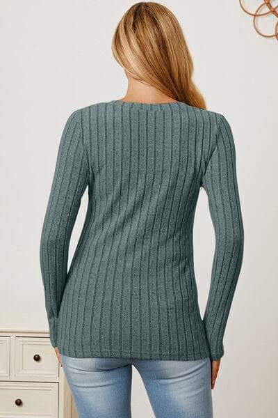 Basic Bae Full Size Ribbed V-Neck Long Sleeve T-Shirt - Trendsi - Flyclothing LLC