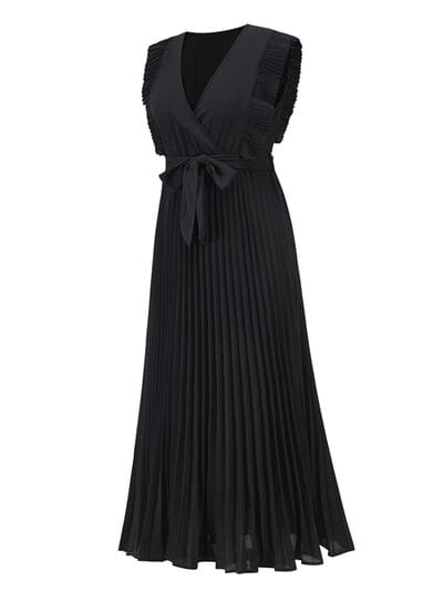 Tied Surplice Cap Sleeve Pleated Dress - Flyclothing LLC