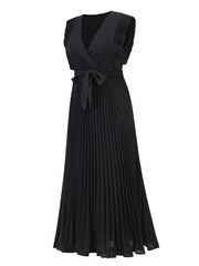 Tied Surplice Cap Sleeve Pleated Dress - Flyclothing LLC