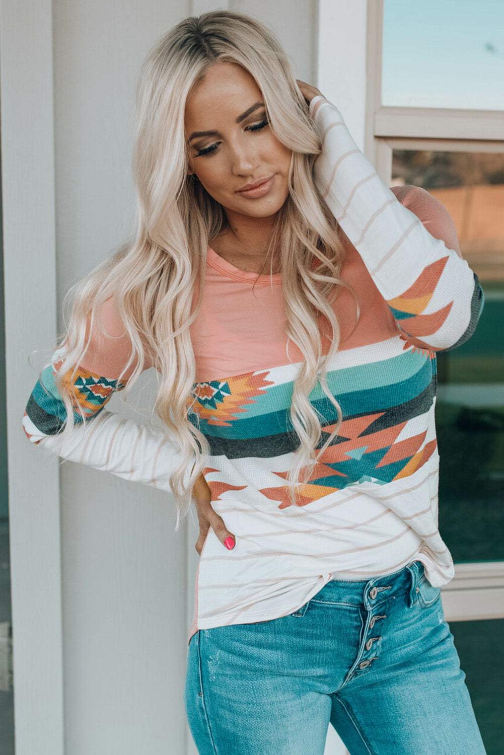 Geometric Round Neck Long Sleeve T-Shirt - Trendsi - Flyclothing LLC