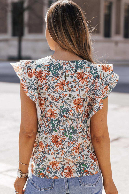 Printed Butterfly Sleeve Round Neck Blouse - Trendsi - Flyclothing LLC
