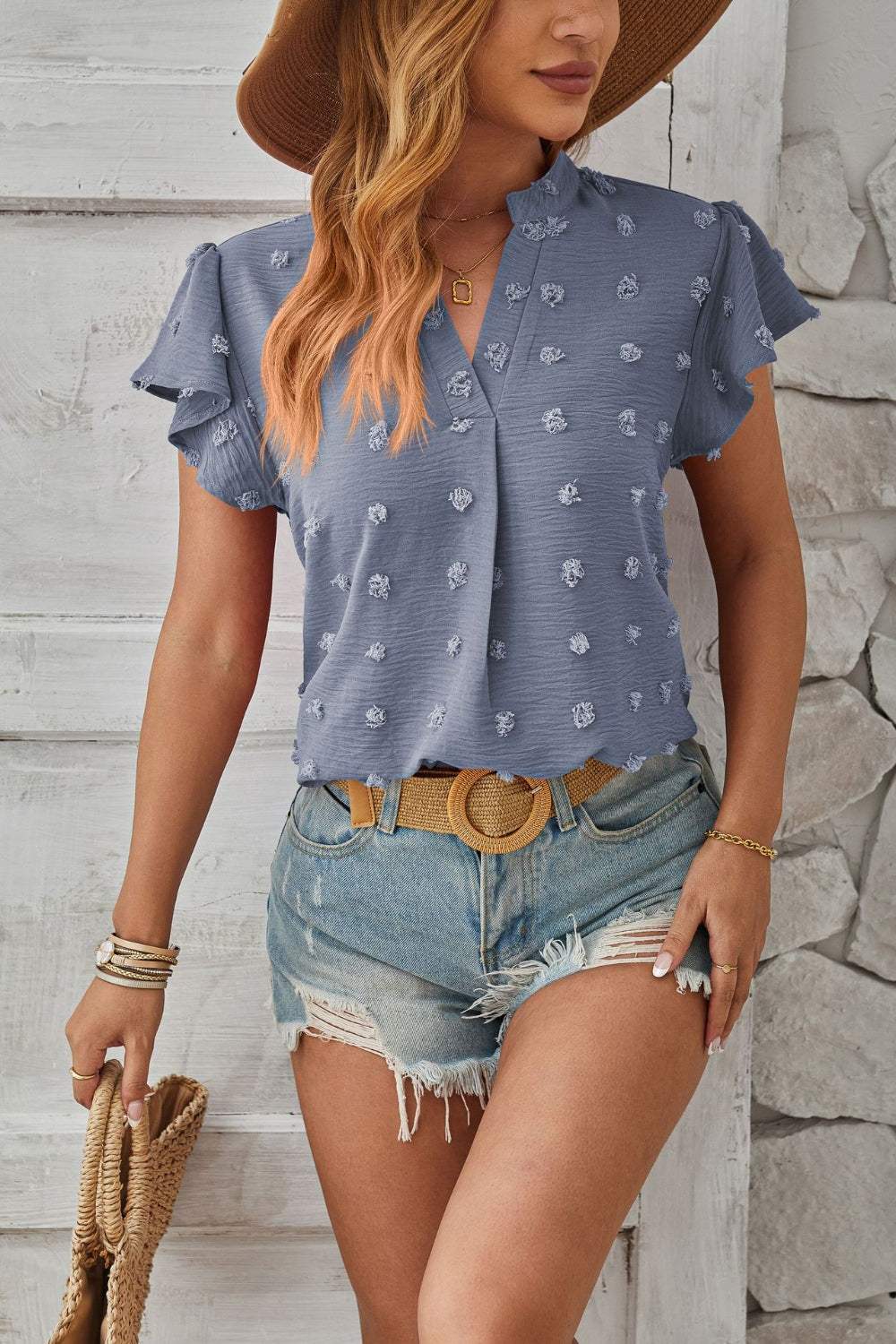 Swiss Dot Notched Cap Sleeve T-Shirt - Trendsi - Flyclothing LLC