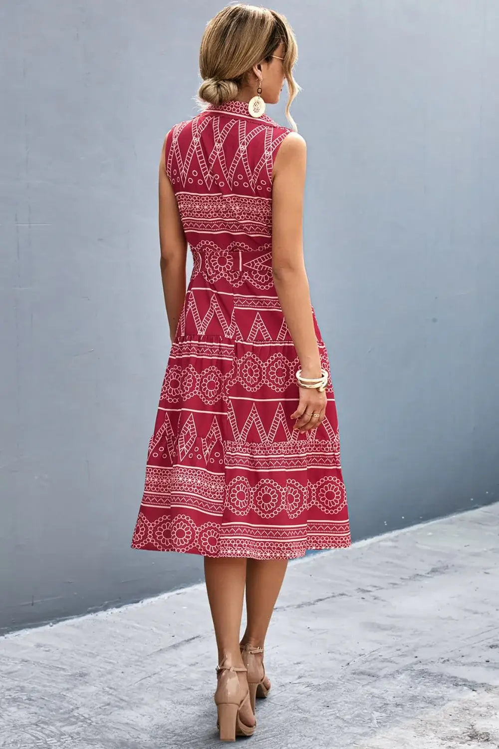 Printed Button Front Tie-Waist Sleeveless Collared Dress - Trendsi - Flyclothing LLC