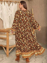 Plus Size Printed V-Neck Balloon Sleeve Dress - Trendsi - Flyclothing LLC