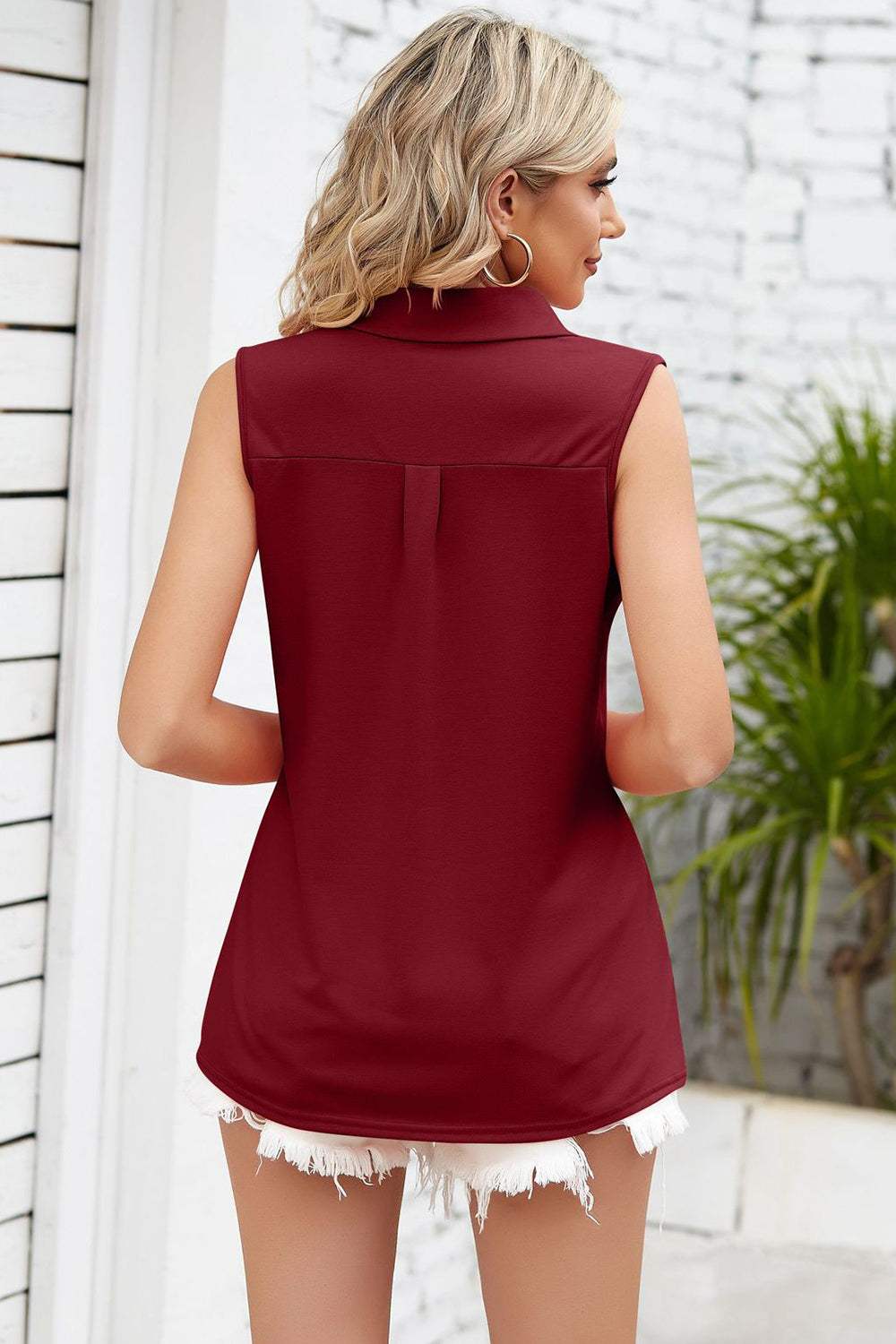 Ruched Johnny Collar Tank - Trendsi - Flyclothing LLC