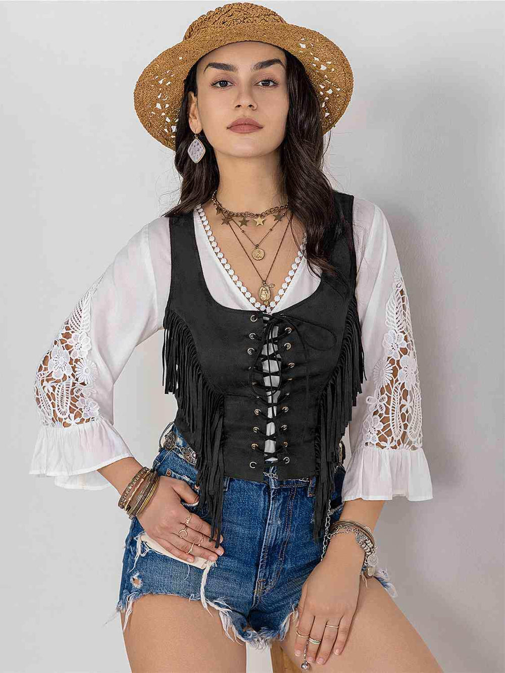 Fringe Lace-Up Vest - Trendsi - Flyclothing LLC