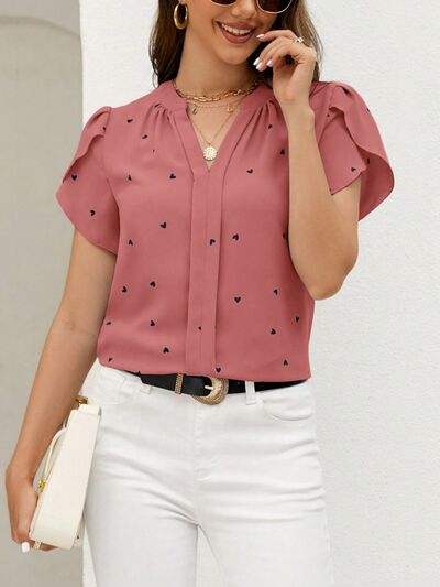 Heart Print Notched Petal Sleeve Blouse - Trendsi - Flyclothing LLC