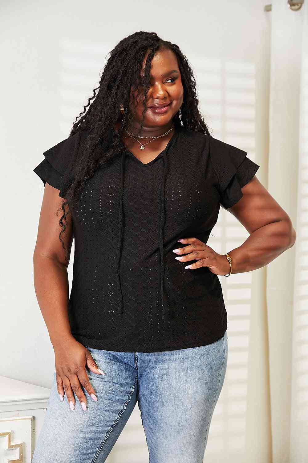Double Take Eyelet Tie-Neck Flutter Sleeve Blouse - Trendsi - Flyclothing LLC