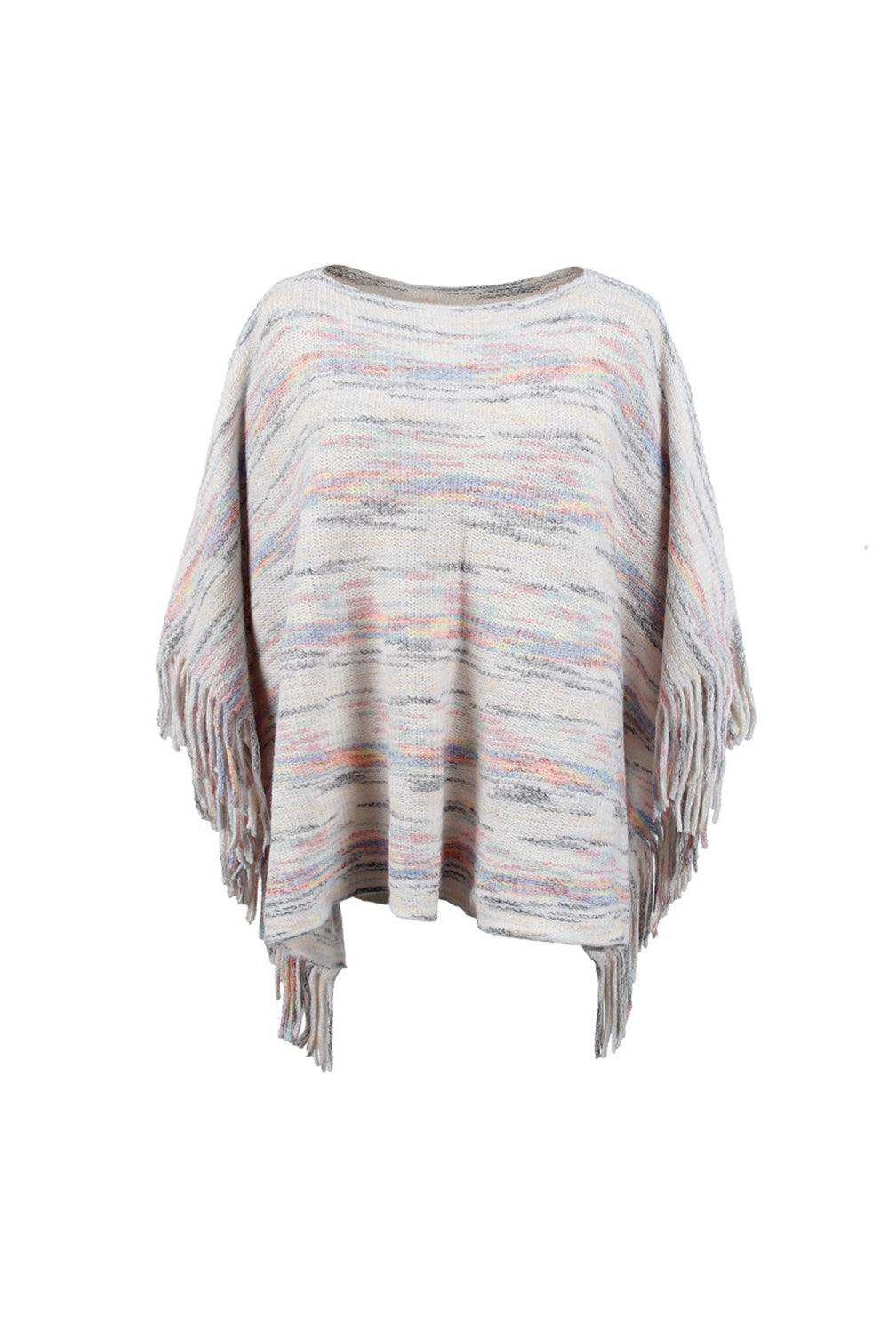 Round Neck Fringe Detail Sleeve Poncho - Trendsi - Flyclothing LLC