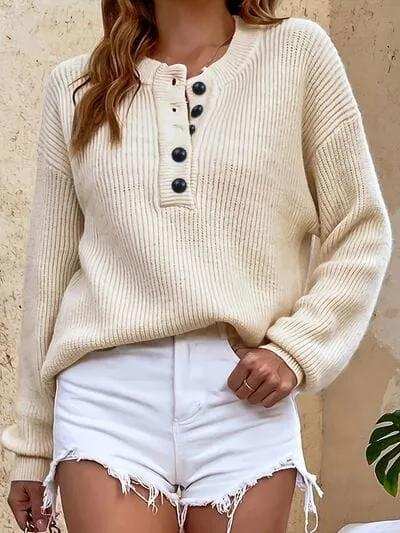 Half Button Dropped Shoulder Sweater - Trendsi - Flyclothing LLC