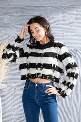 Striped Fringe Round Neck Sweater - Flyclothing LLC