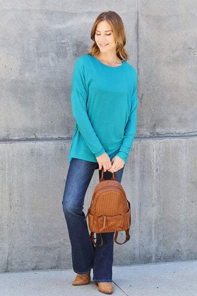 Basic Bae Full Size Round Neck Dropped Shoulder T-Shirt - Trendsi - Flyclothing LLC