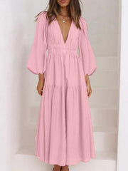 Deep V-Neck Balloon Sleeve Plain Maxi Dress - Trendsi