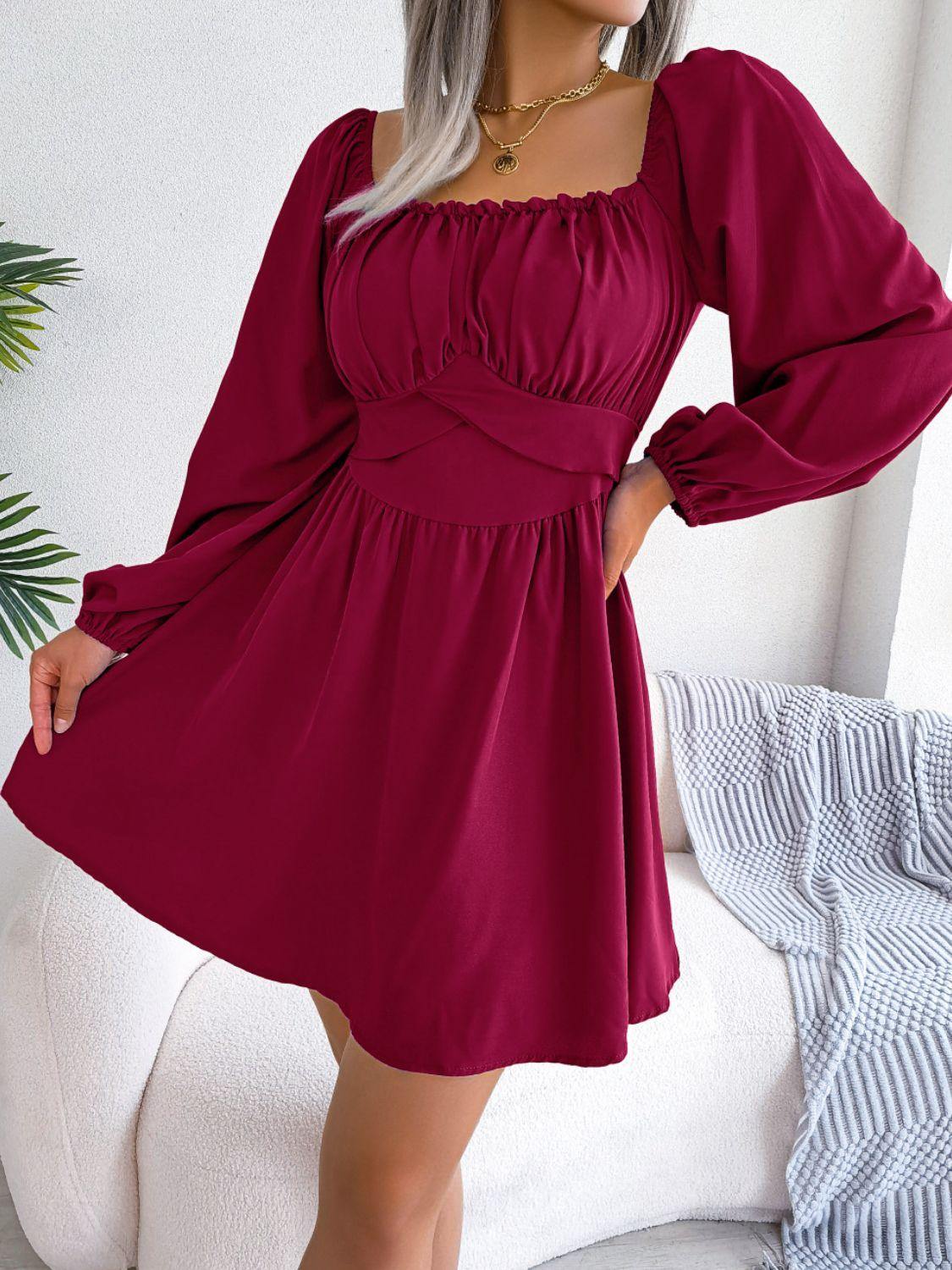 Tied Square Neck Balloon Sleeve Dress - Flyclothing LLC