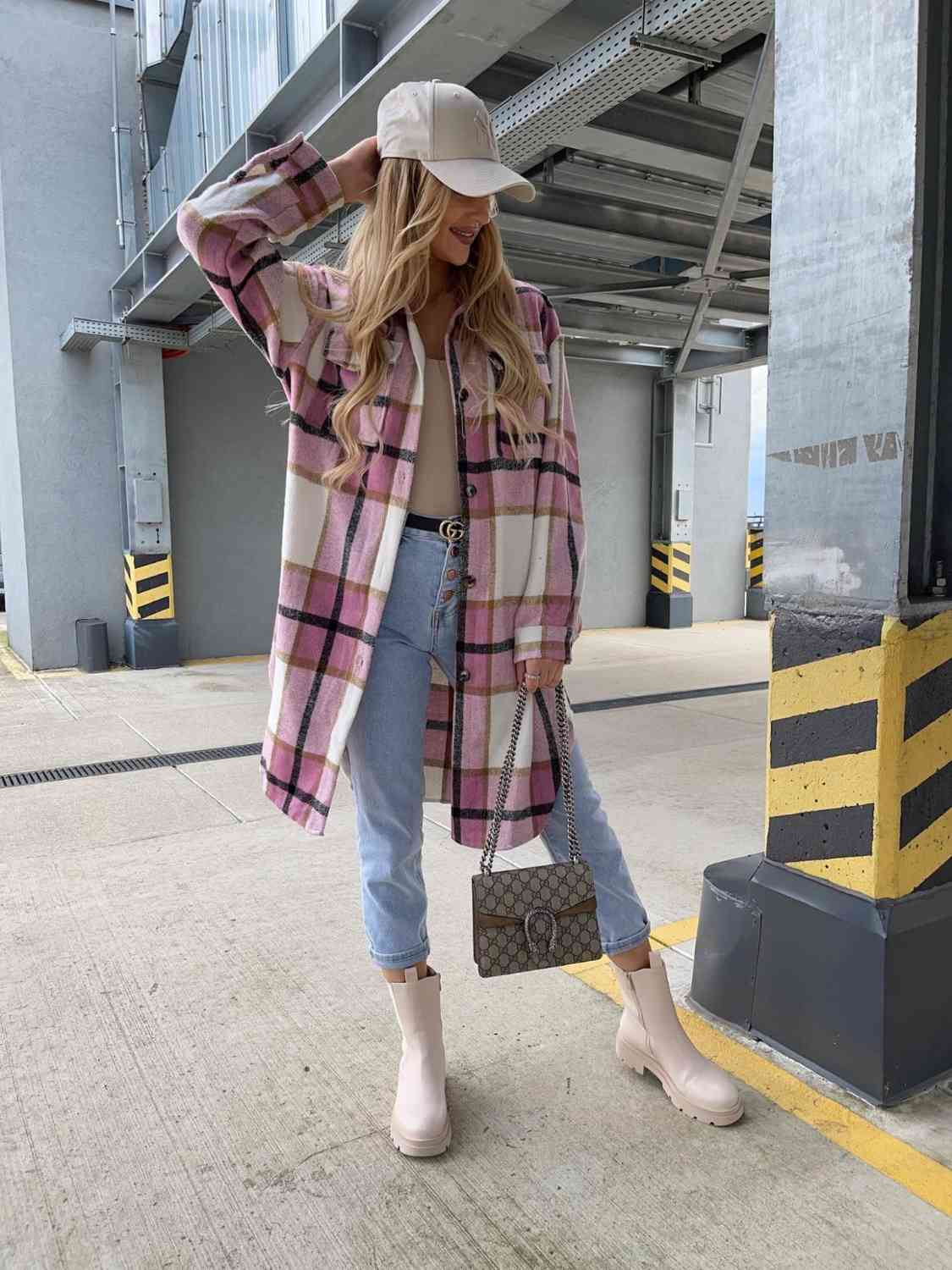 Plaid Collared Neck Longline Shirt - Trendsi - Flyclothing LLC