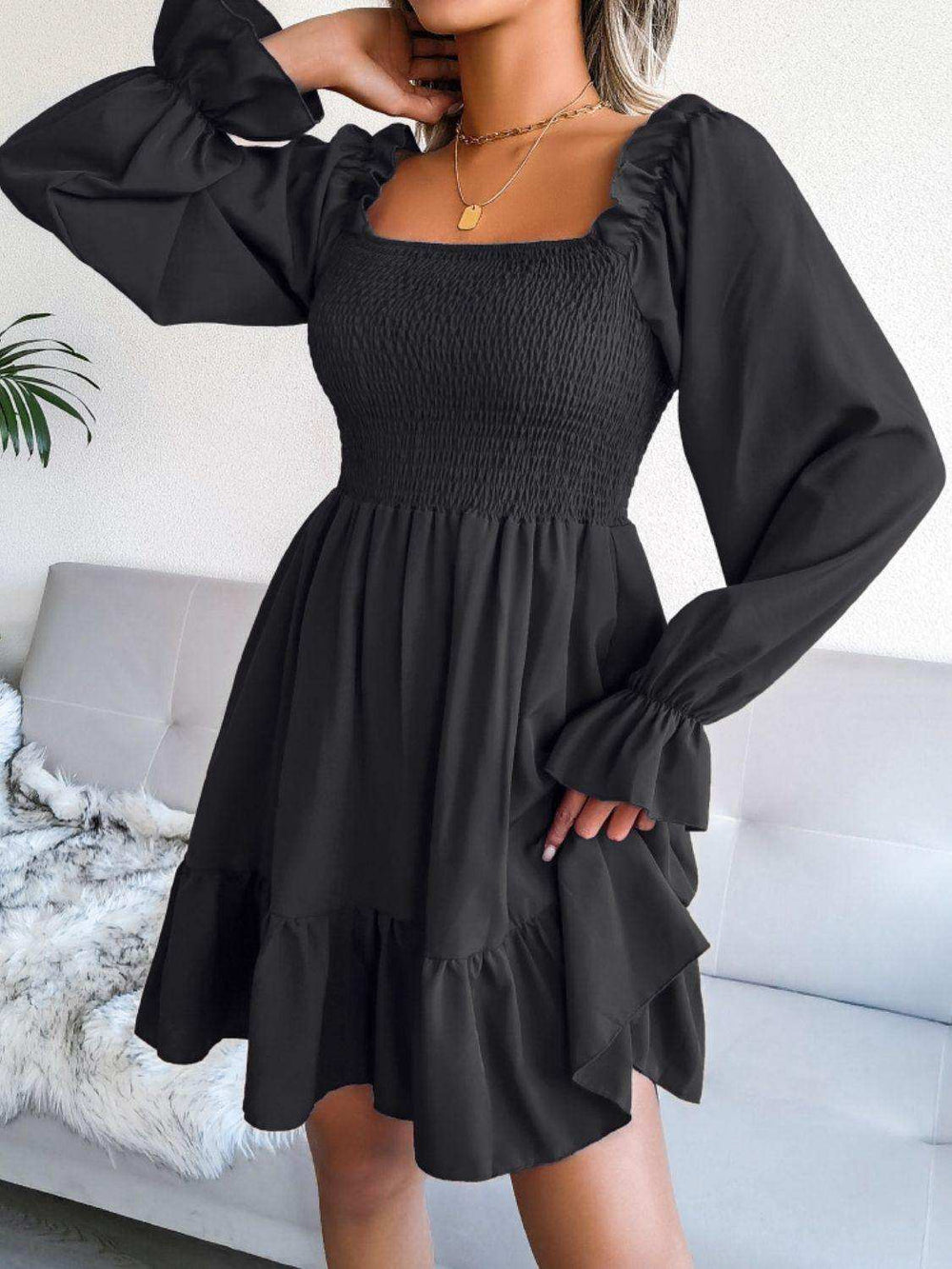 Smocked Flounce Sleeve Square Neck Dress - Trendsi - Flyclothing LLC