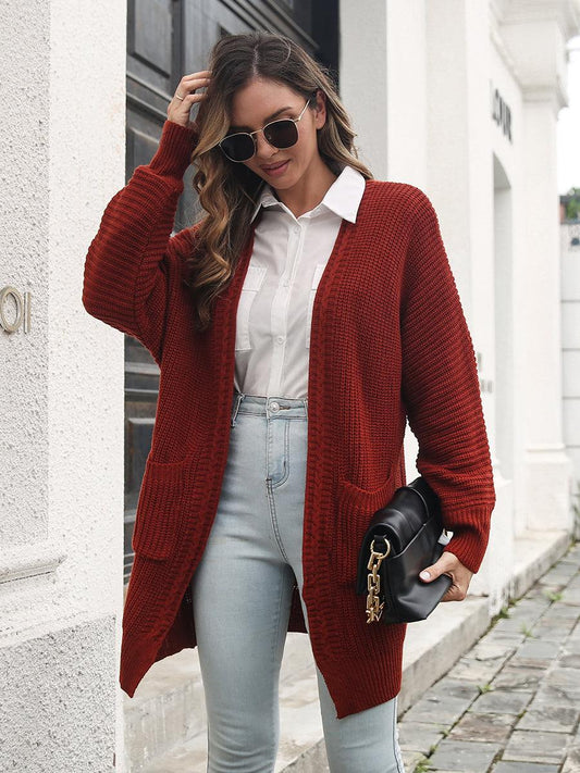 Open Front Rib-Knit Cardigan with Pockets - Trendsi