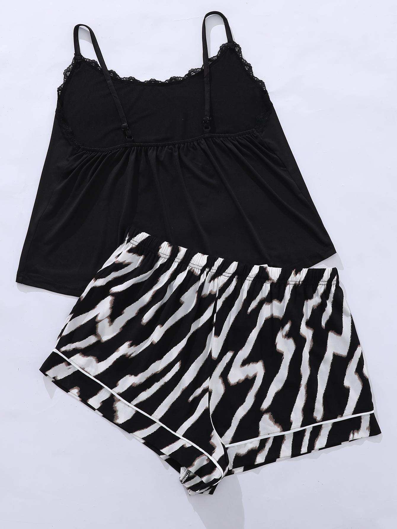 Plus Size Lace Trim Scoop Neck Cami and Printed Shorts Pajama Set - Trendsi - Flyclothing LLC