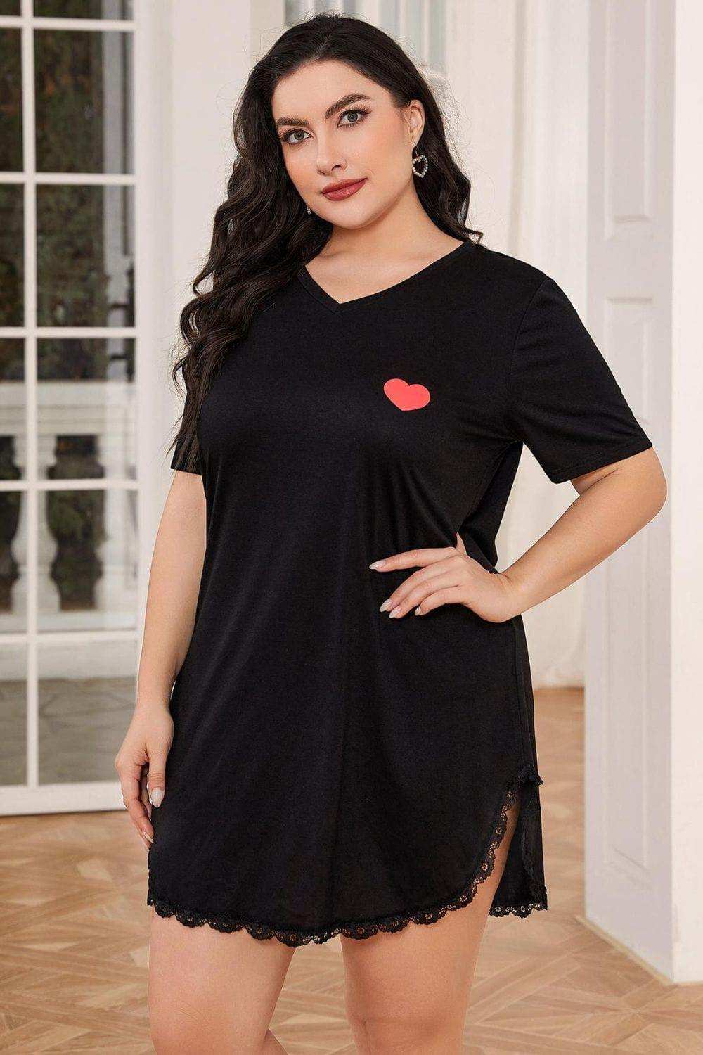 Plus Size Lace Trim V-Neck Short Sleeve Night Dress - Trendsi - Flyclothing LLC