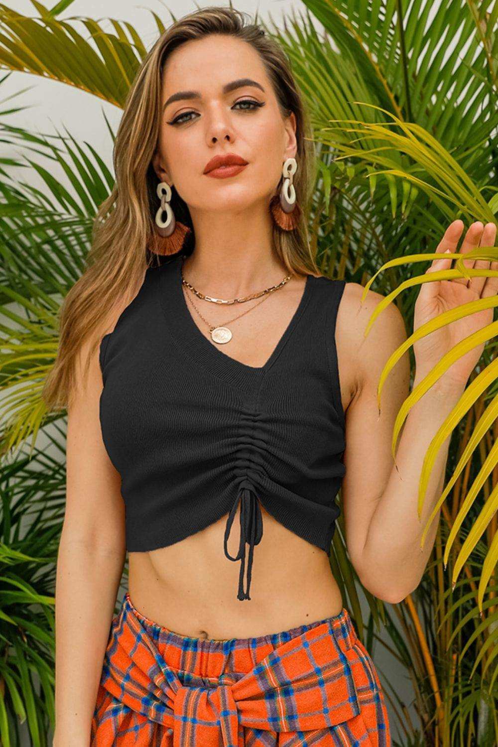 Drawstring Ruched Asymmetrical Neck Cropped Knit Top - Trendsi - Flyclothing LLC