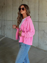 Ribbed Collared Neck Button Up Jacket - Trendsi