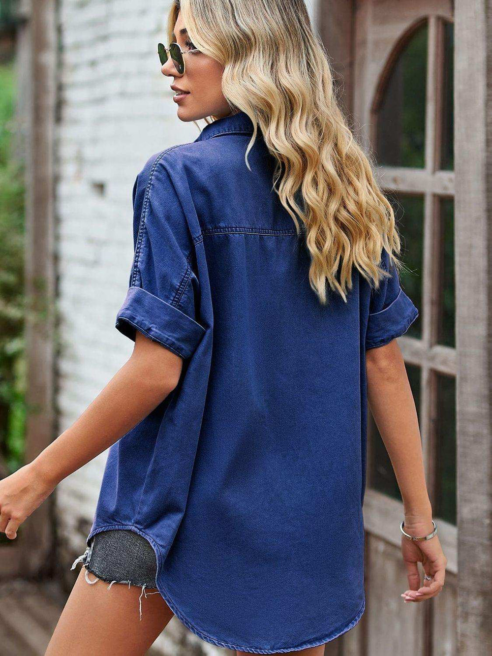 Collared Neck Denim Jacket with Pockets - Trendsi - Flyclothing LLC