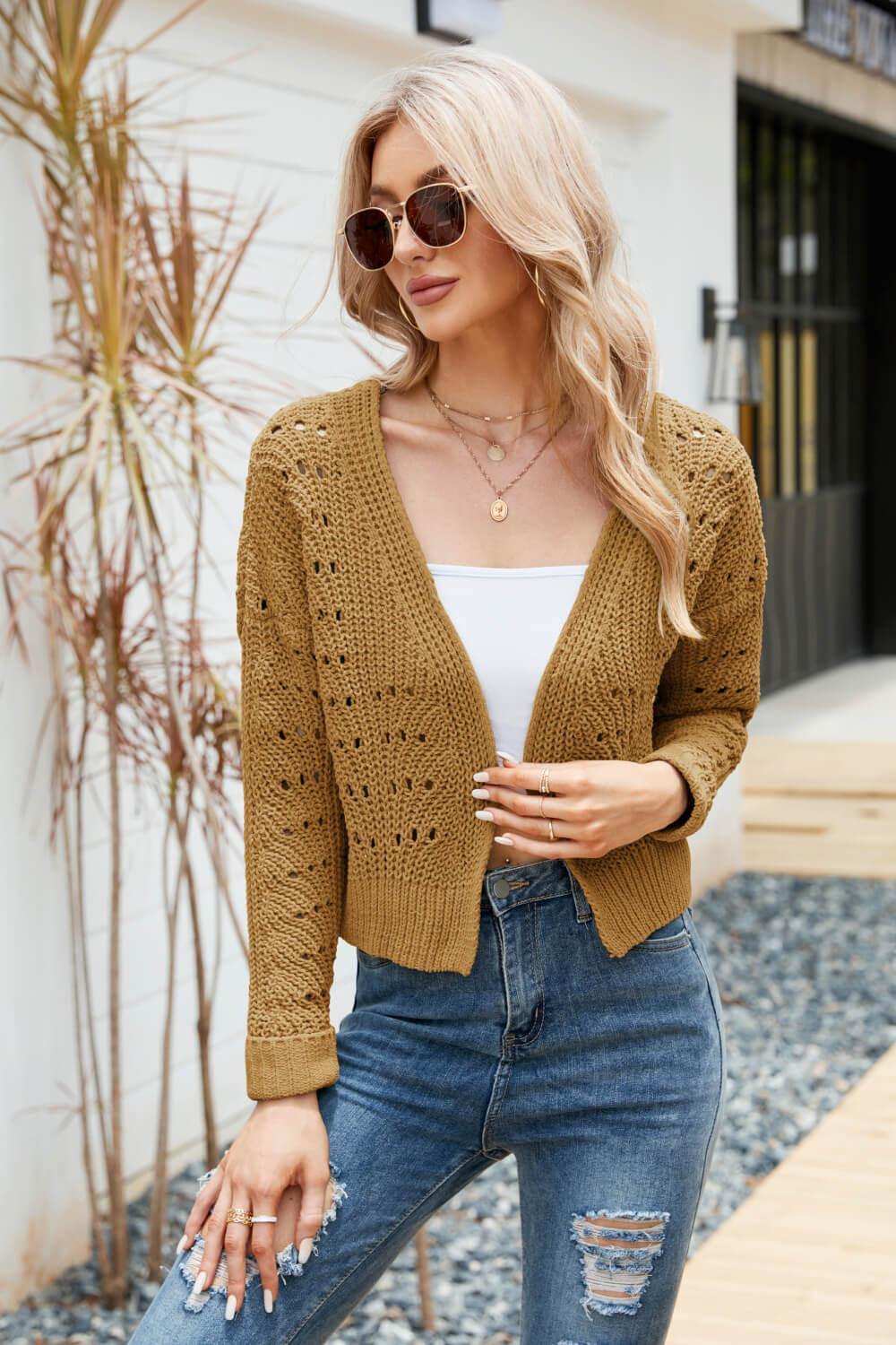 Open Front Cuffed Cropped Cardigan - Trendsi - Flyclothing LLC