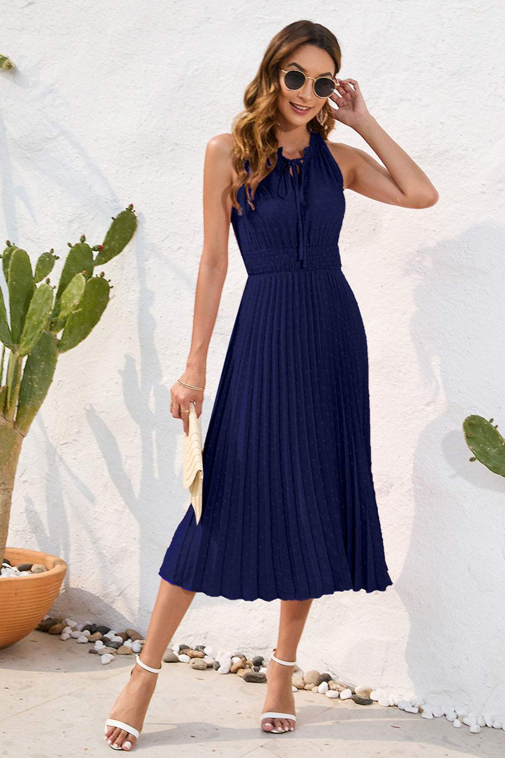 Swiss Dot Tie Neck Sleeveless Dress - Trendsi - Flyclothing LLC
