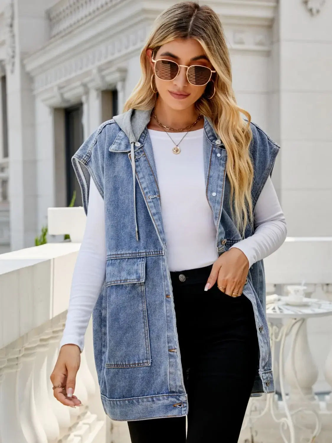 Hooded Sleeveless Denim Top with Pockets - Trendsi - Flyclothing LLC