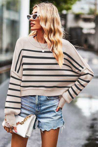 Striped Round Neck Drop Shoulder Slit Sweater - Trendsi - Flyclothing LLC