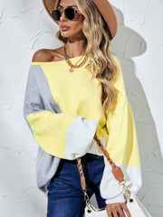 Color Block Balloon Sleeve Boat Neck Sweater - Trendsi