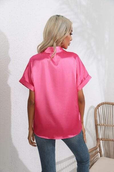 Collared Neck Short Sleeve Shirt - Trendsi - Flyclothing LLC