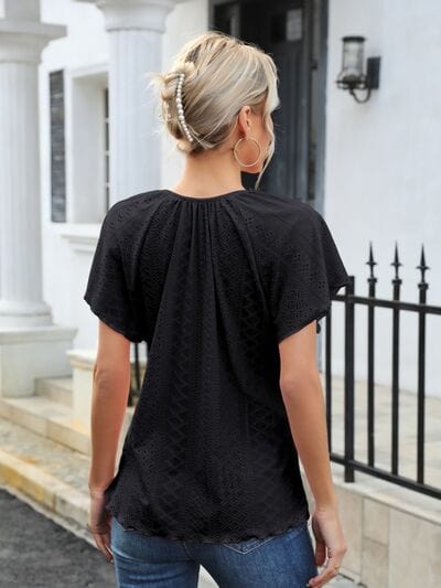 Eyelet Tie Neck Flutter Sleeve Blouse - Trendsi