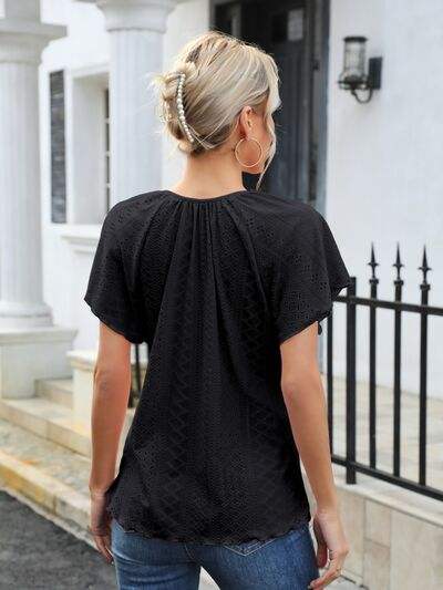 Eyelet Tie Neck Flutter Sleeve Blouse - Trendsi - Flyclothing LLC