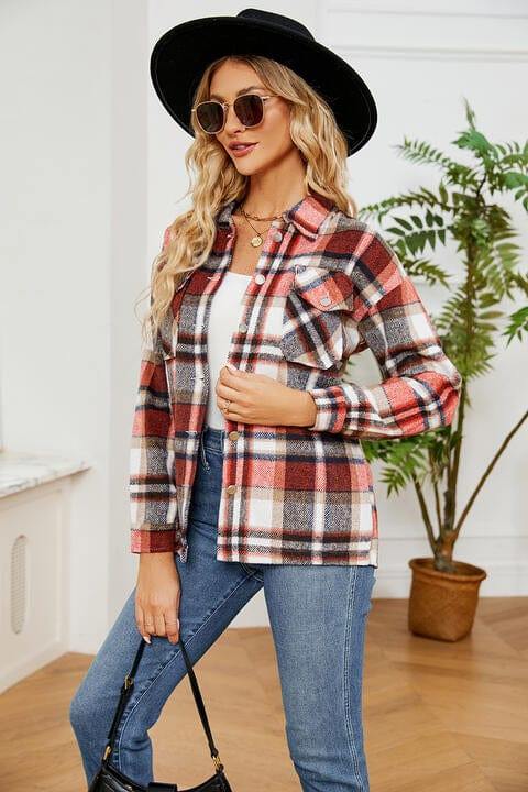 Collared Plaid Shacket - Trendsi