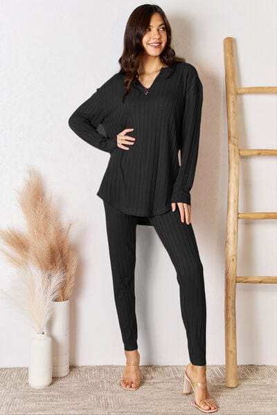 Basic Bae Full Size Notched Long Sleeve Top and Pants Set - Trendsi - Flyclothing LLC