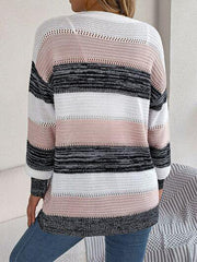 Openwork Striped Open Front Cardigan - Trendsi